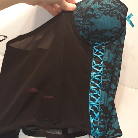 ☆Brand NEW☆Sexy Lace Push-Up Teal Blue & Black Bustier/G-String/Corset Set-Small - Picture 12 of 16